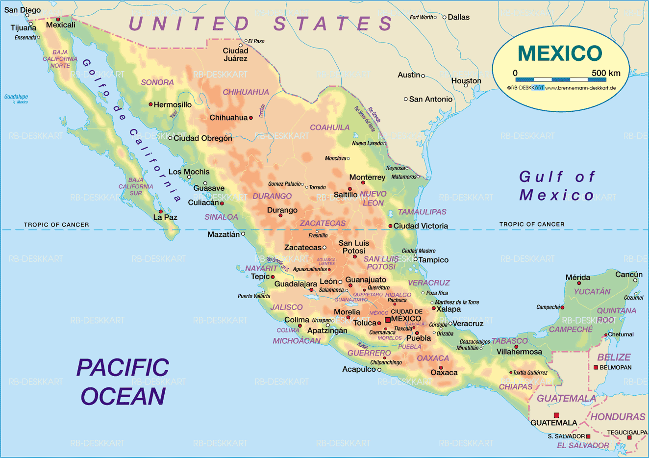 physique carte du guadalajara mexique